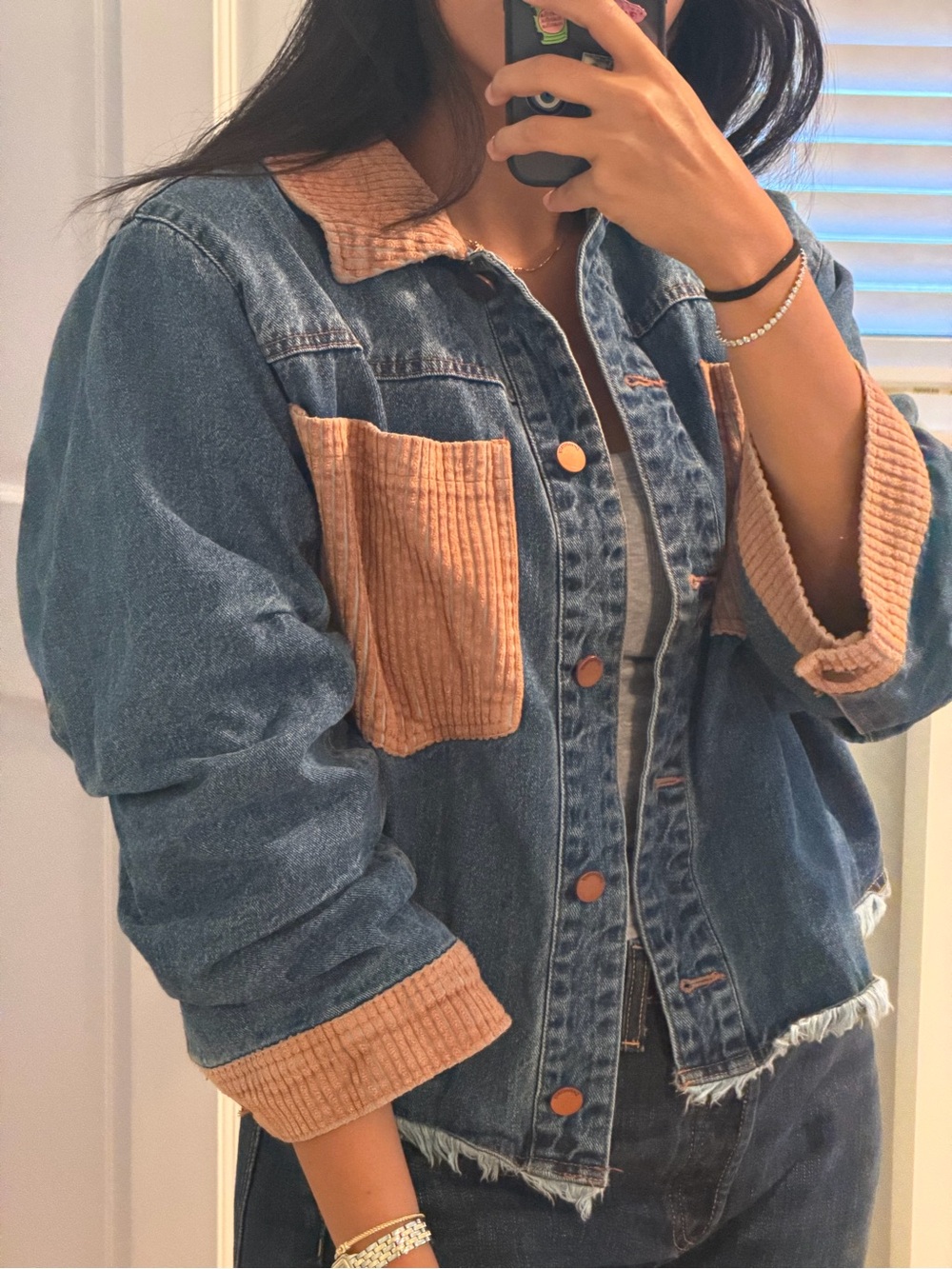 Democracy Blue Denim Jacket with Tan Corduroy Accents - Picture 5 of 6